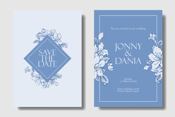 Slate Blue and Deep Sapphire color, wedding invitation design with hand drawing Azalea flower