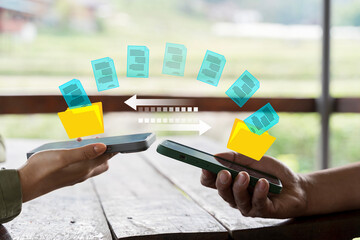 Man holding smartphone with document file data transfer on cloud, Migration, Share, Backup data