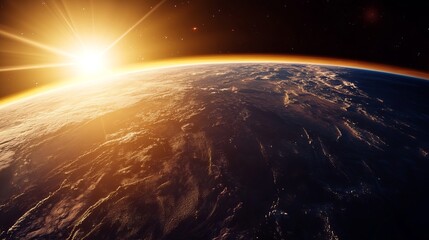 Stunning sunrise over earth planet amazing view space exploration golden hour sky land rays glow blue