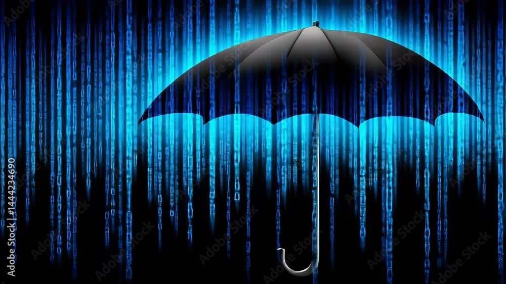 Poster umbrella in binary code rain: a symbol of digital protection
