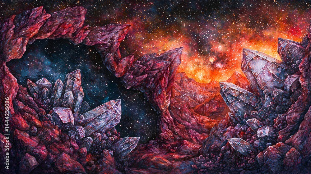 Poster breathtaking red nebula illuminated by distant stars in the vastness of space creating an otherworld