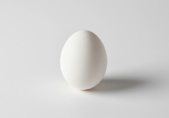 A single white egg standing on a white surface with a soft shadow cast to the right side of the egg