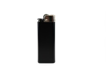 A close up studio shot of a black lighter with a silver top on a white background in portrait mode
