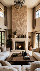 Mediterranean style living room with beige sofa and couch framed by stone fireplace wall and modern design captured in photography premium stock photo interior design