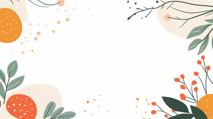 Elegant botanical frame design with orange and green accents, perfect for invitations, social media, or blog headers.  Features abstract floral elements and a clean white background.