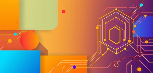 Abstract Memphis-style geometric shapes and lines representing AI and cybersecurity in vibrant flat vector design, internet security, ai