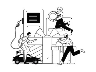 Fototapeta premium Vector Internet operation hand-drawn illustration of people getting discounts for refueling their cars 