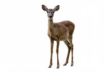 Fototapeta premium A deer standing upright on a white background looking directly at the camera with its ears perked up