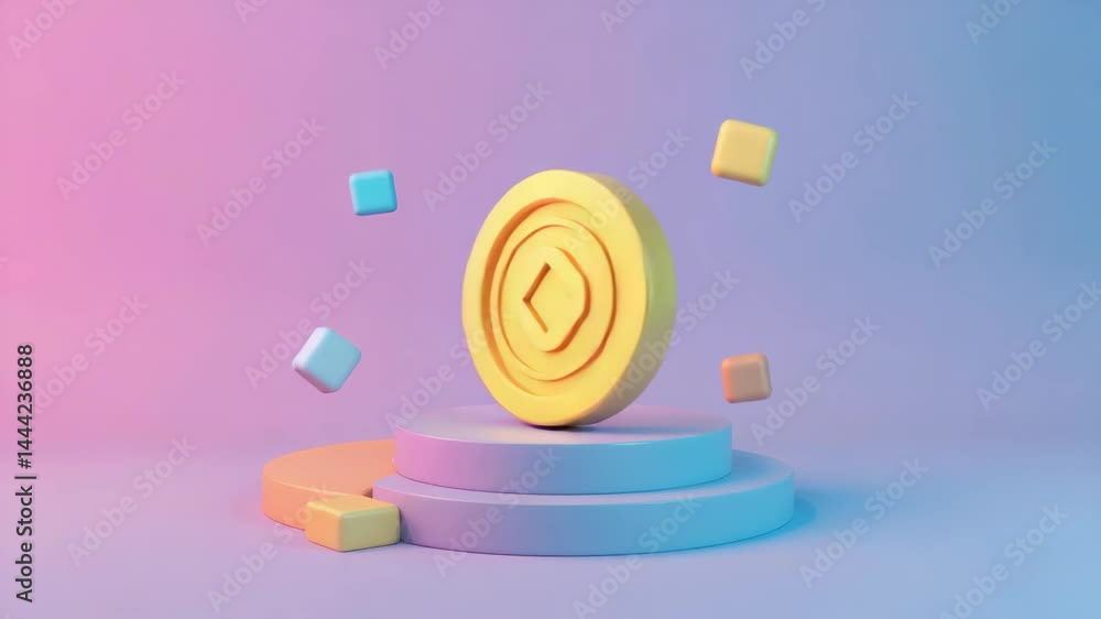 Poster a yellow coin-like object with geometric shapes is displayed on pastel-colored podium platforms with