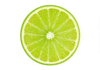 A close up view of a sliced lime with segments visible against a white background in studio lighting
