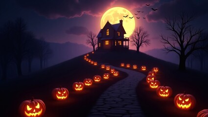Halloween Night with Haunted House and Flying Bats
