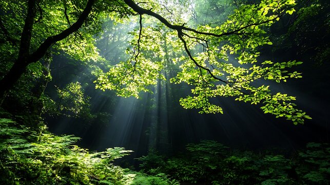 Sunbeams pierce dark forest canopy