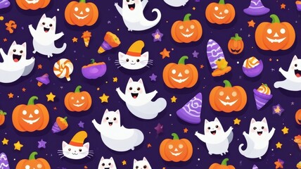 Obraz premium Cute Ghosts and Pumpkins Halloween Pattern