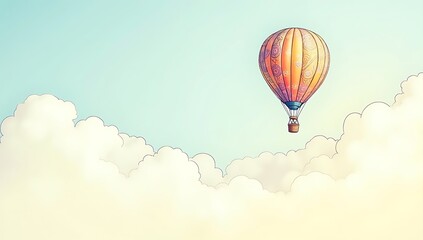 Naklejka premium A line drawing of a hot air balloon rising into a sky filled with simple clouds, symbolizing dreams and aspiration