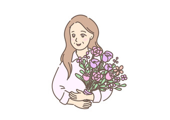 大きな花束を抱える、きれいな初老の笑顔の女性