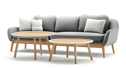 Modern gray sofa with wooden coffee tables, white background, living room setting, interior design