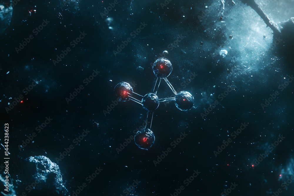 Poster abstract 3d rendering of a molecule or atomic structure floating in dark space, glowing red centers,