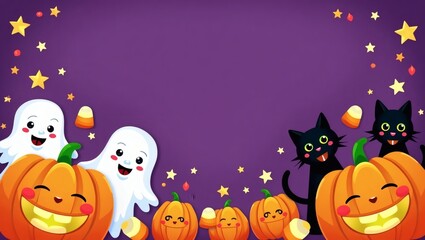 Fototapeta premium Cute Halloween Illustration with Smiling Pumpkin and Ghost 