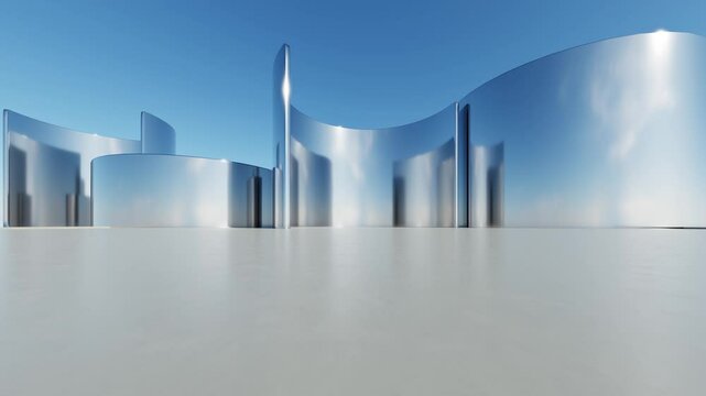 3d illustration of abstract minimal architecture background, geometric architectural with chrome or metallic curved design