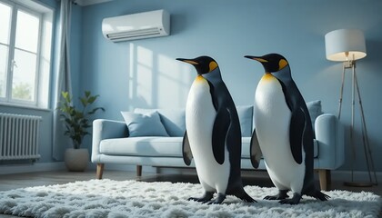 Penguin standing in living room