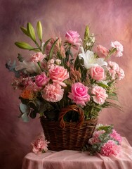 vibrant bouquet of pink roses carnations and lilies cradled in vintage wicker basket against backdrop of soft pink exudes romance and tranquility