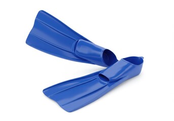 A pair of blue swim fins on a white background angled towards each other in a studio setting