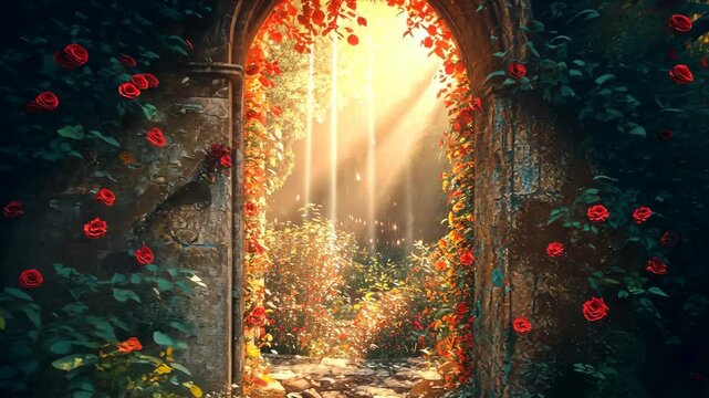 Sunlit archway, stone, overgrown with red roses, leading to a magical garden path