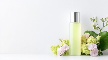 Natural beauty product, light green bottle, flowers