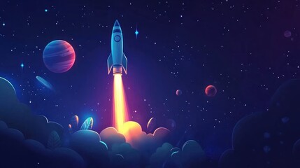 Rocket launching into space with planets and stars