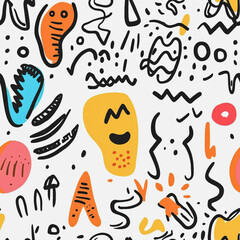 Abstract white background with colorful Memphis style seamless pattern. Creative minimalist style art background for children or trendy design with basic shapes. Simple childish scribble backdrop