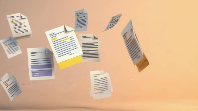 Several sheets of paper with highlighted text and bent corners are floating in mid-air against a beige background.