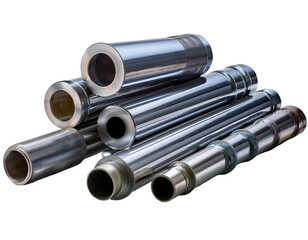 Fototapeta premium Collection of shiny metal pipes arranged in an artistic display, showcasing their smooth surfaces and varying lengths against a neutral background. on transparent background