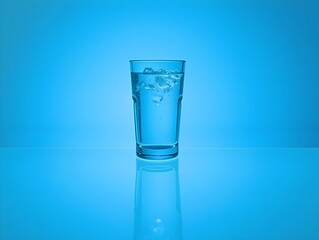 A glass of water with ice cubes, in a blue tinted background.