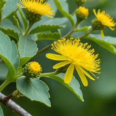 Yellow Sonchus arvensis flower blooming on a tree branch