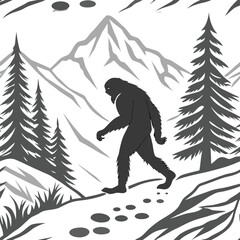 Fototapeta premium Epic Bigfoot Silhouette Vector Collection Featuring Forest, Mountain, and Mythical Cryptid Scenes in Minimalist Black Style