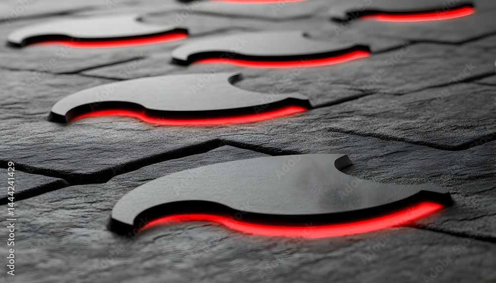 Poster abstract 3d render of black symbols with red neon light on a dark stone surface. perfect for technol