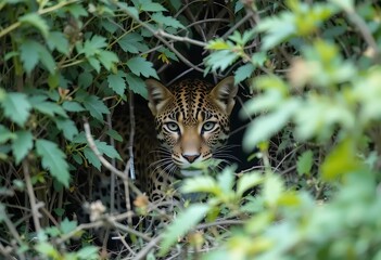 Fototapeta premium Leopard Staring From Bushes Wildlife Animal Portrait