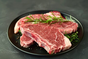 Fototapeta premium Succulent Raw Steak, Rosemary, and Peppercorns on a Black Plate
