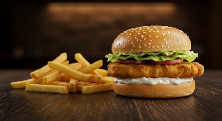 Serving Fish Burger with Fries on a Rustic Wooden Table