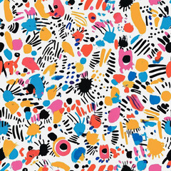 Abstract white background with colorful Memphis style seamless pattern. Creative minimalist style art background for children or trendy design with basic shapes. Simple childish scribble backdrop