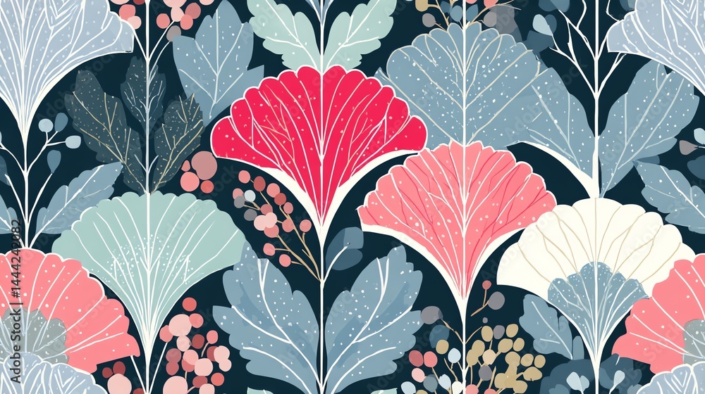 Poster colorful botanical pattern with ginkgo leaves and berries for print design