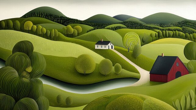 Serene Green Hillside Landscape with Farmhouse and Barn