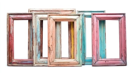 Group of empty wooden frames with faded pastel paint and distressed finish on white background.