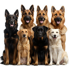 Group of pets sitting in front of white background
