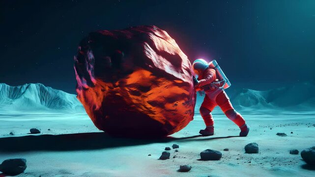 Astronaut trying to push a meteorite. Fantasy video.