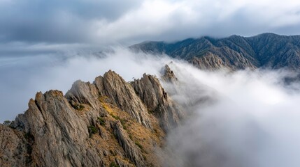 Misty Mountain Peaks Landscape. Dramatic Mountain Range with Fog and Clouds. Nature Scenery.