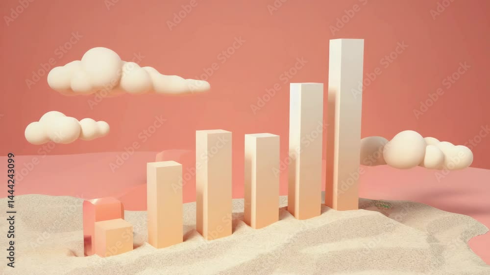 Poster a pastel-colored bar graph made of 3d blocks stands in sandy terrain with fluffy clouds in a pink ba