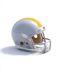 Fototapeta premium An isometric style illustration featu a sports football helmet rendered with a flat design and bright yellow stripe, showcased against a clean white backdrop.