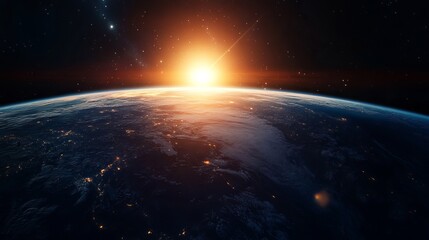 Stunning earth sunrise space view planet global orange sun sky land blue dark world night stars light