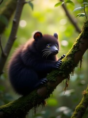 Obraz premium Binturong Arctictis binturong phylum Chordata class Mammalia order Carnivora family Viverridae resting a mossy branch in the rainforest canopy its thick fur glowing under sunlight